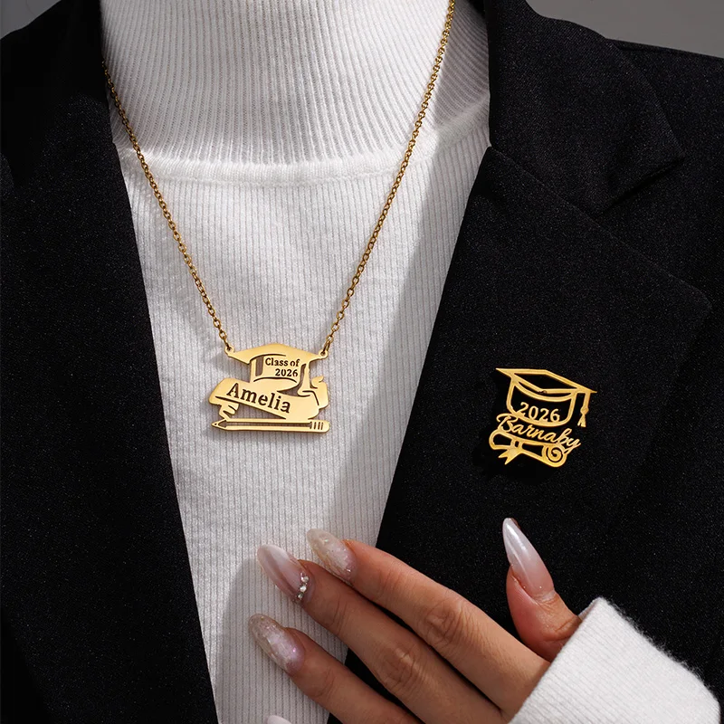 Auxauxme Custom Name Graduation Necklace Brooch Stainless Steel Personazlied Class of 2026 Grad Cap Diploma Pendant Pin Set Gift