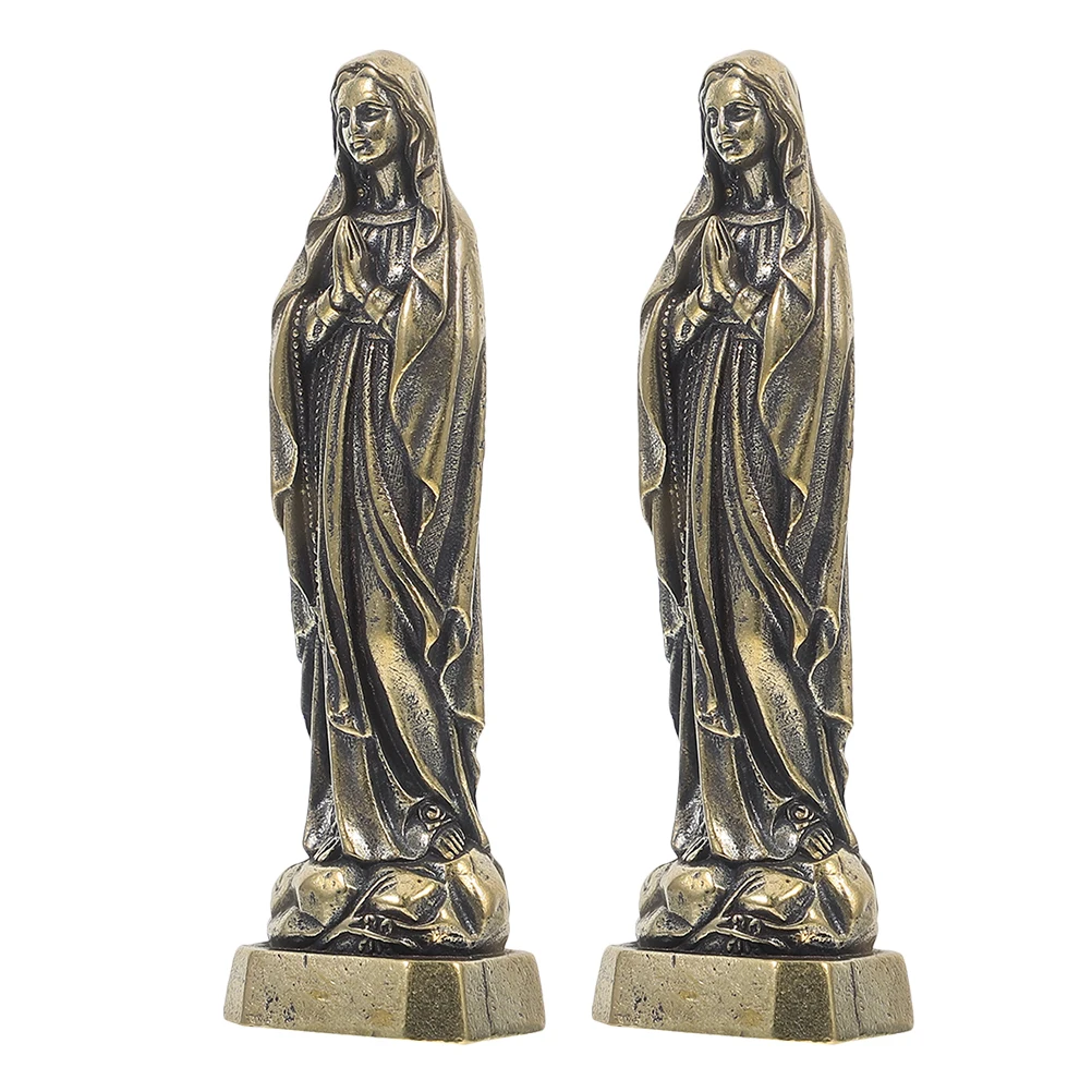 

2pcs Virgin Statue Vintage Brass Metal Virgin Sculpture Craft European Golden Miniature Religious Home Decor