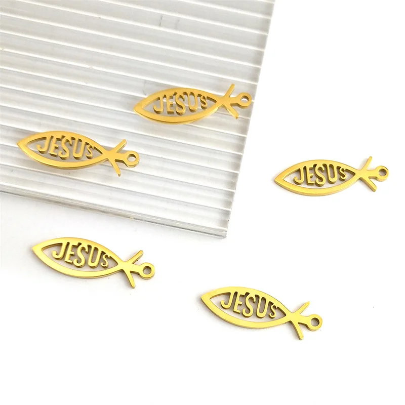 Stainless Steel Jesus Fish DIY Charm Pendant Necklace/Bracelets Gold Color Christianity Religious Charms for Jewelry Making 1700