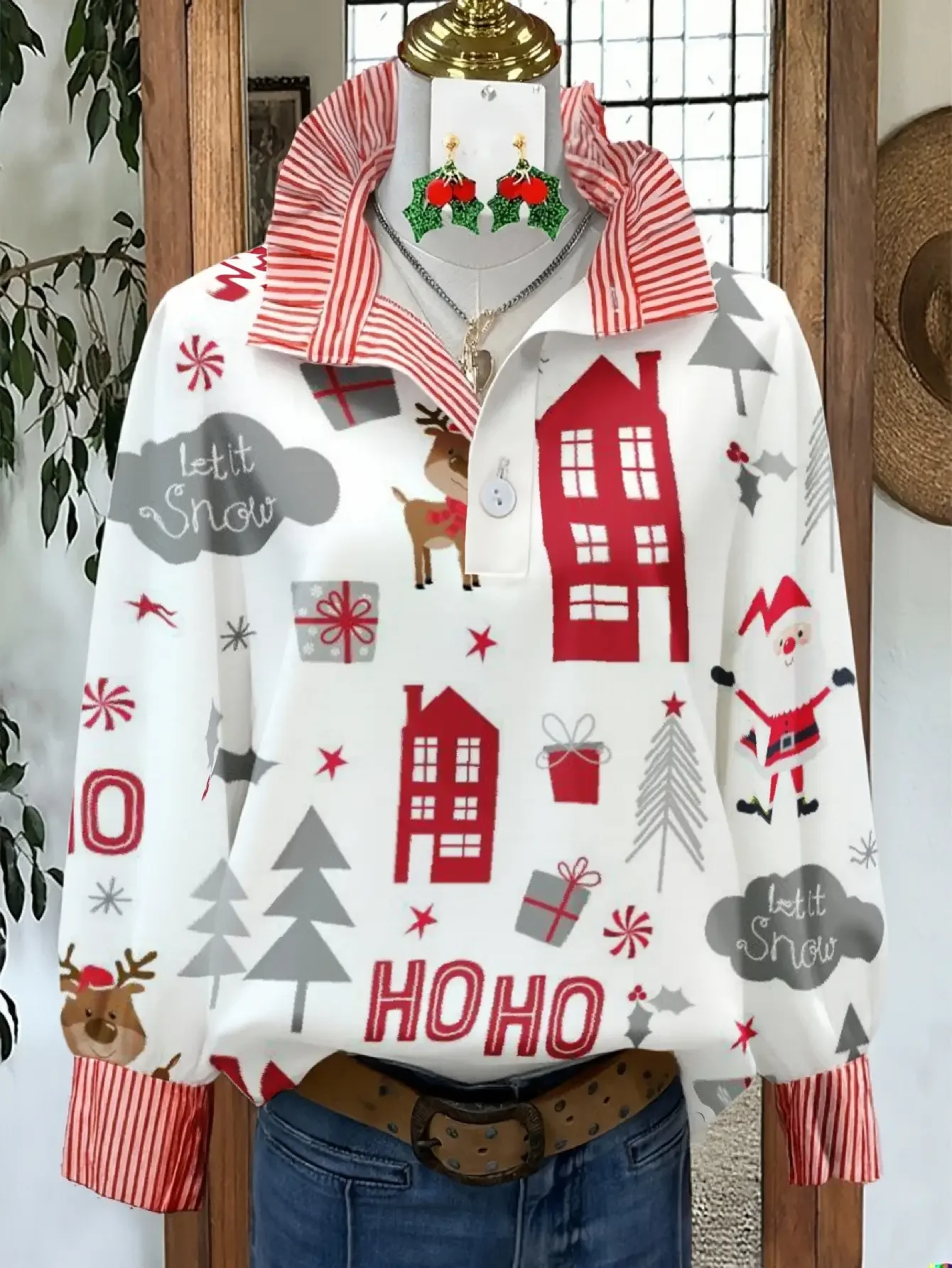 

2026 Spring and Autumn Winter New Women's Stand up Collar Shirt Christmas Long Sleeve, Christmas Cottage