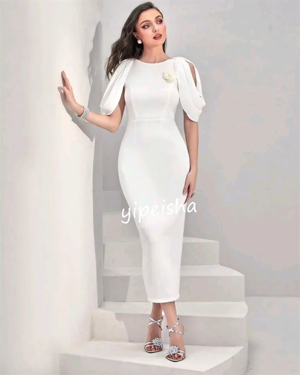 ชุดเดรสแฟชั่นสั่งตัดทรงเข้ารูป คอทรงโอ ความยาวปานกลาง แต่งลายดอกไม้  ชุดเดรสค็อกเทล สวยสง่า หรูหรา คุณภาพสูง เซ็กซี่ ระยิบระยับ ไซส์ A