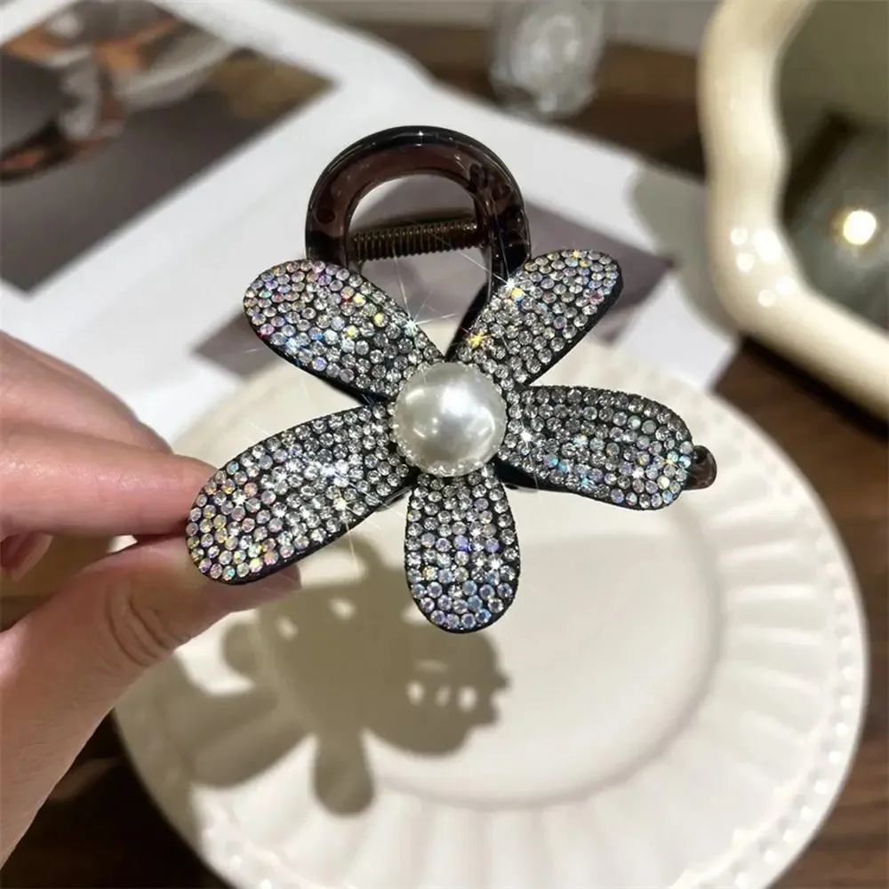 Shiny Diamond Rhinestone Hair Clip Flower Barrettes French Non-slip Flower Beads Duckbill Clip Side Bangs Clip Full Diamond