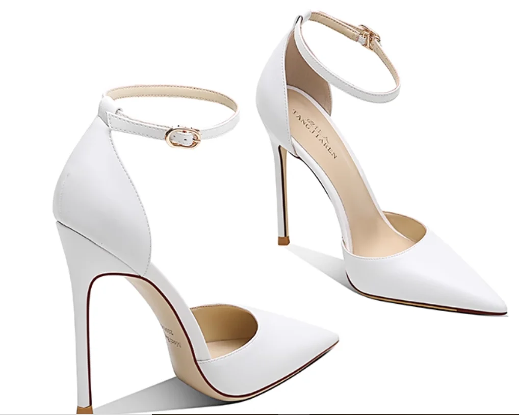 One line buckle strap nude high heels summer new versatile French women's pointed thin heel toe sandals