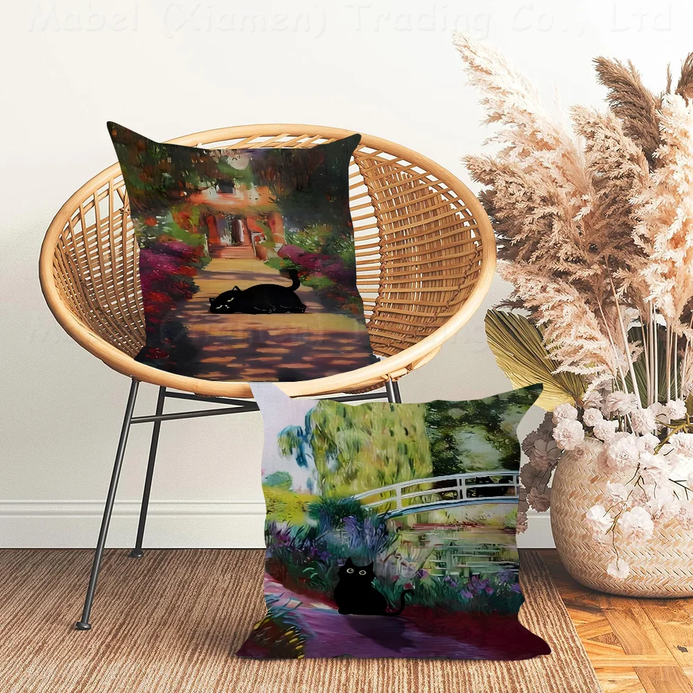 

Claude Monet Artwork Black Cat Office Cushion Pillowcase Car Cushion Cover45X45CM Lumbar Pillowcase Sofa Pillowcover