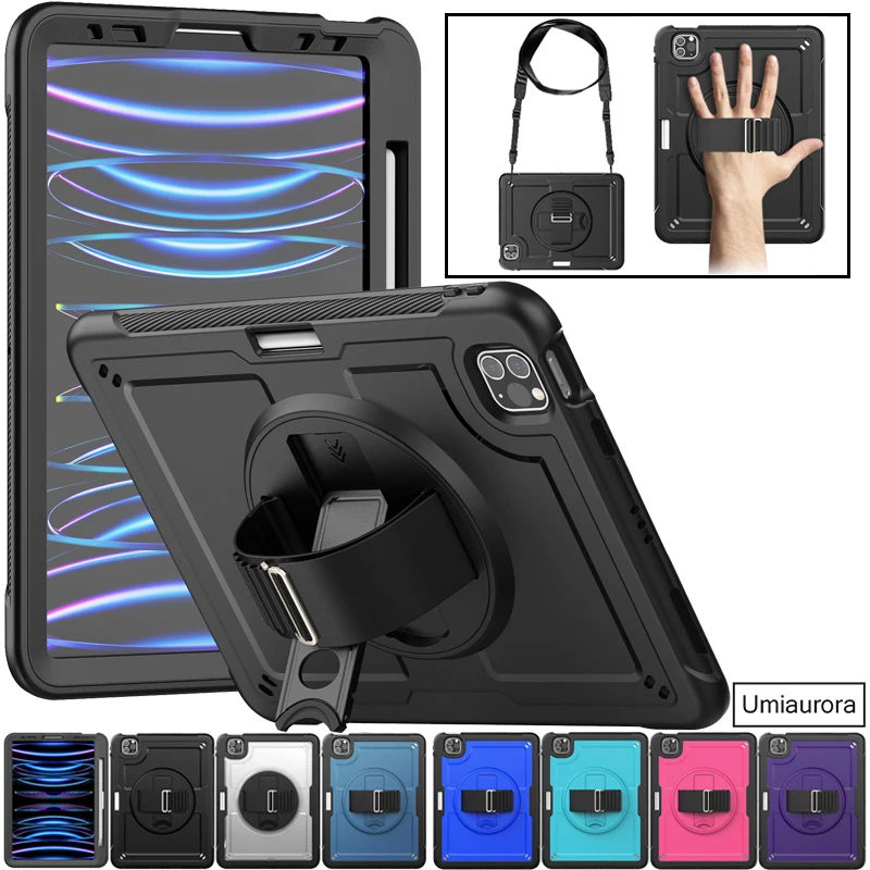 Para ipad mini 7 a17 pro 2024 ar 6 5 4 10.9 pro 11 12.9 13 polegada m4 tablet caso suporte cinta à prova de choque silicone pc capa robusta ﻿