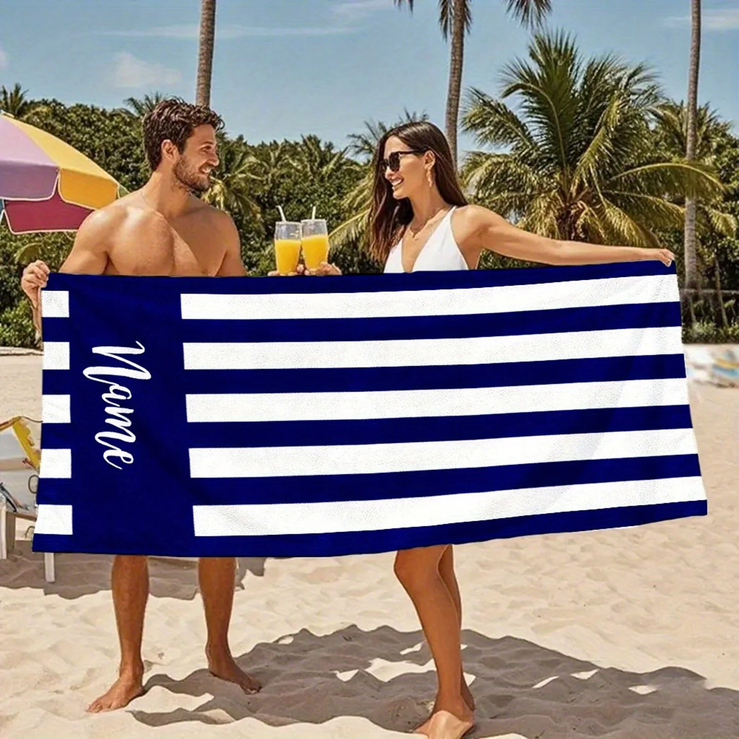 Personalized Striped Beach Towel Custom Name/Logo Oversized Microfiber Towel Summer Party Gift for Beach Swimming Bath Sports