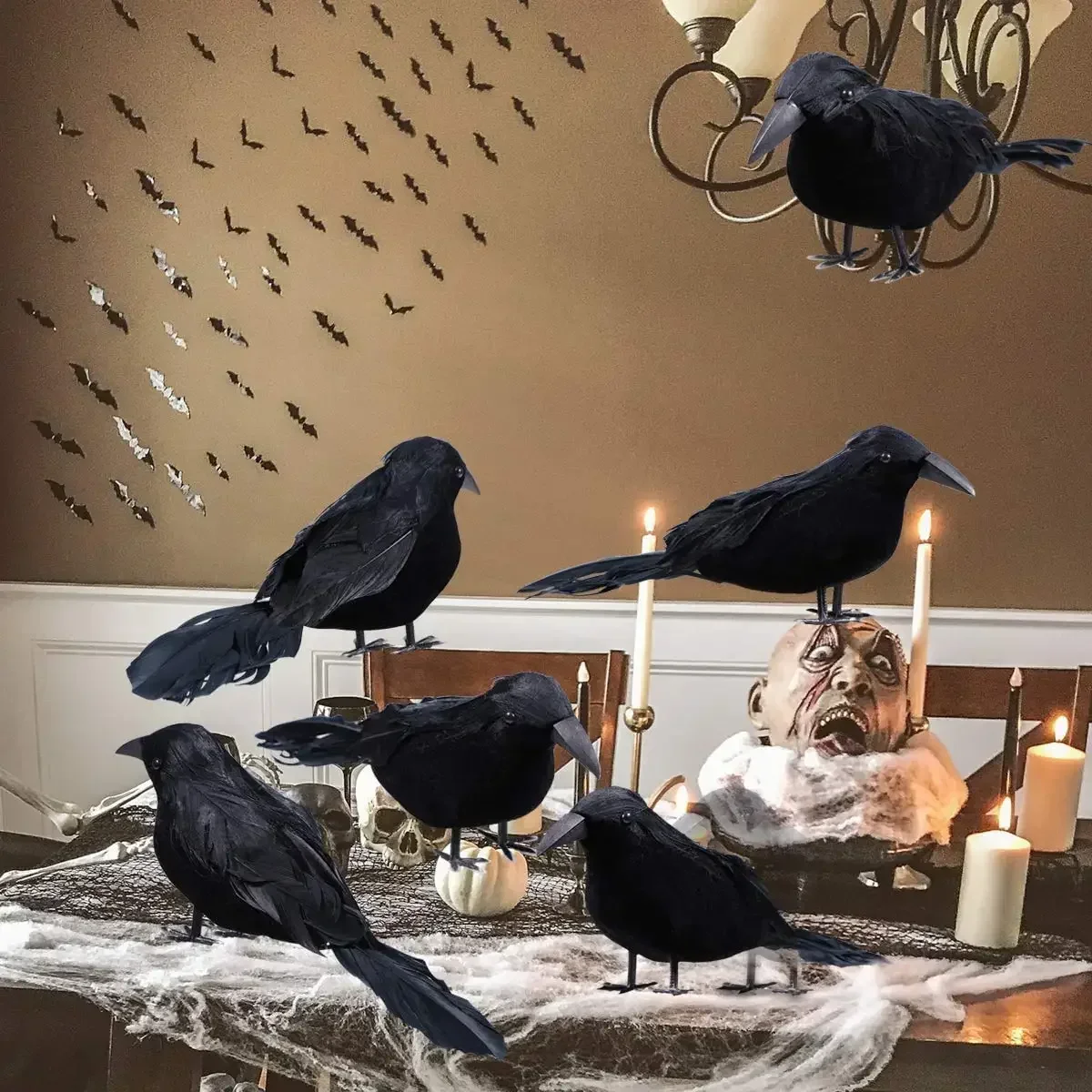 1-6PCS Halloween Black Feather Crow Spooky Mock Bird Prop Haunted House Party Horror Scene Decoration Indoor Outdoor