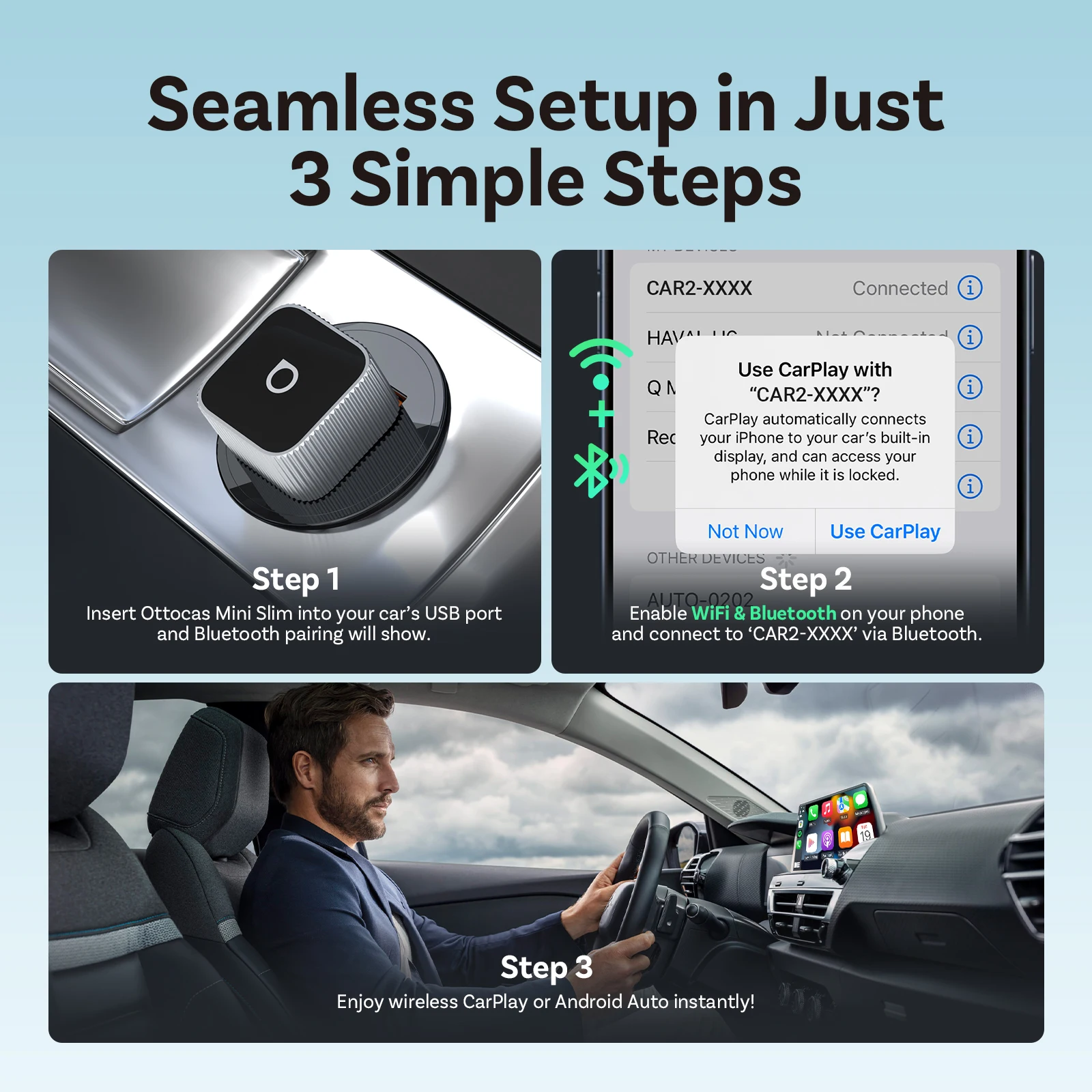 محول Ottocast Mini Slim Carplay Android Auto Wireless Compact Auto Reconnect Dual Device Memory الاقتران السريع لشركة Fiat Audi