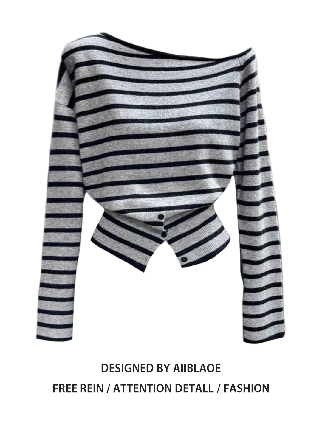 Slimming Effect Korean Striped Diagonal Shoulder Long Sleeve T-Shirt Women's plus Size Design Sense Waist Cinching Top Base S...
