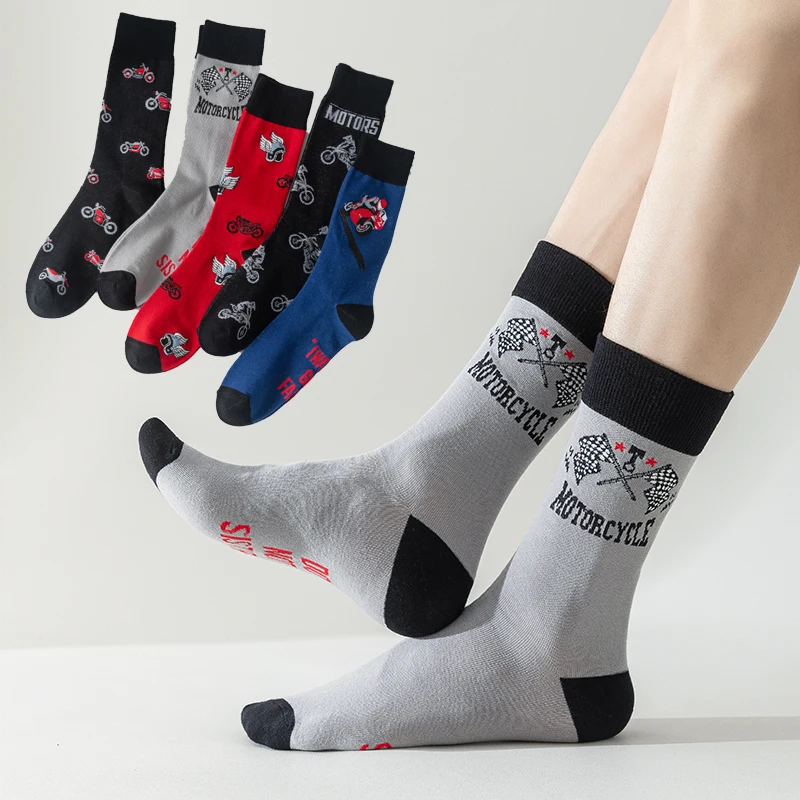 

5 Pairs Men's Mid Tube Socks Fashion Motorbike Design Comfortable Cotton Hip Hop Streetwear for Men