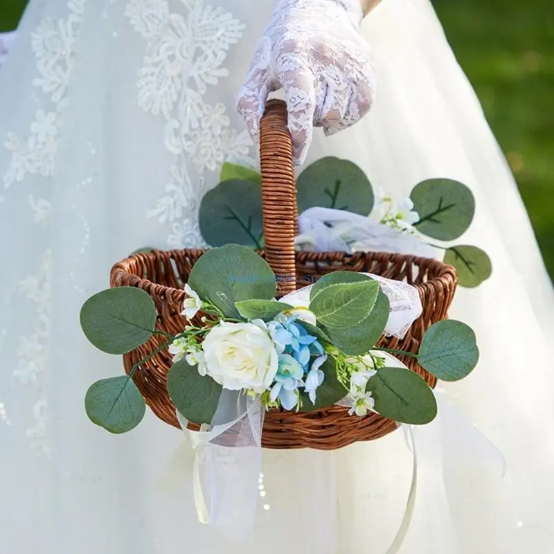 

H05E Stylish Natural Woven Flower Basket Handheld for Easy Carrying, Great for for Wedding Ceremony and Home Decoration