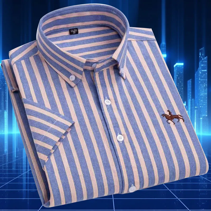 Men's short sleeve shirt 100% Oxford cotton Spring/Summer Embroidery no-iron Business casual High quality fashion stripe