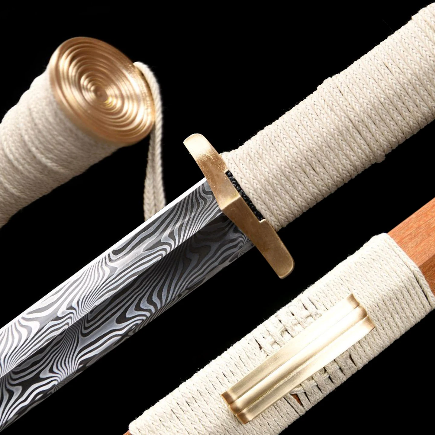 Hand‑Forged Chinese Ancient Han Sword Pattern Steel Blade Solid Wood Scabbard Free Sword Stand for Collection Home Display