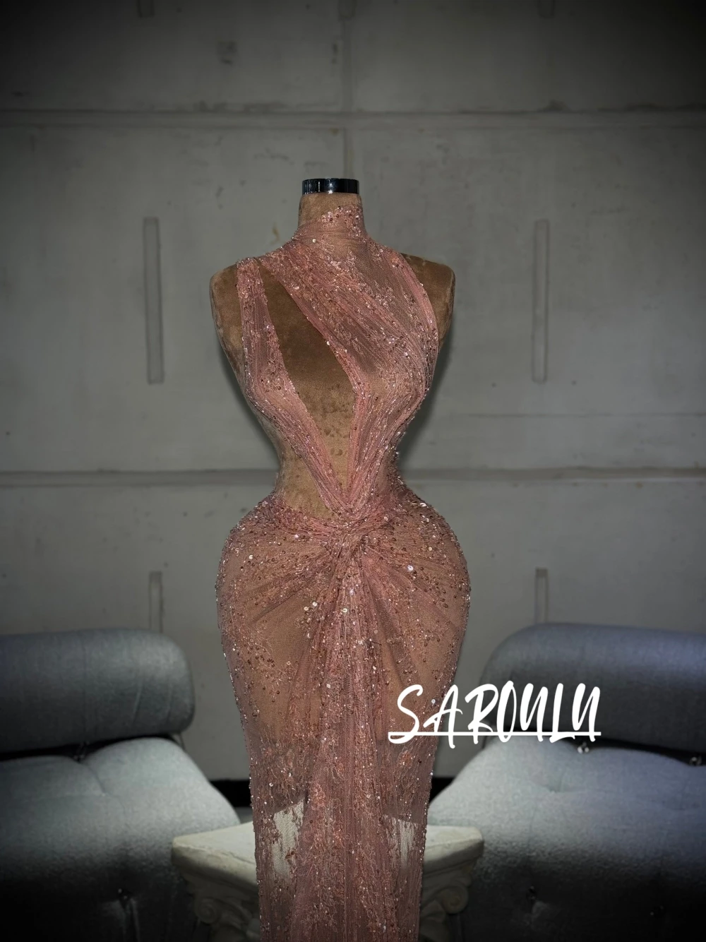 

See Through Pink Soft Mermaid Evening Dress Glitter Cut-out Pleated Cocktail Gown Customized Galas Women Party Prom Wear