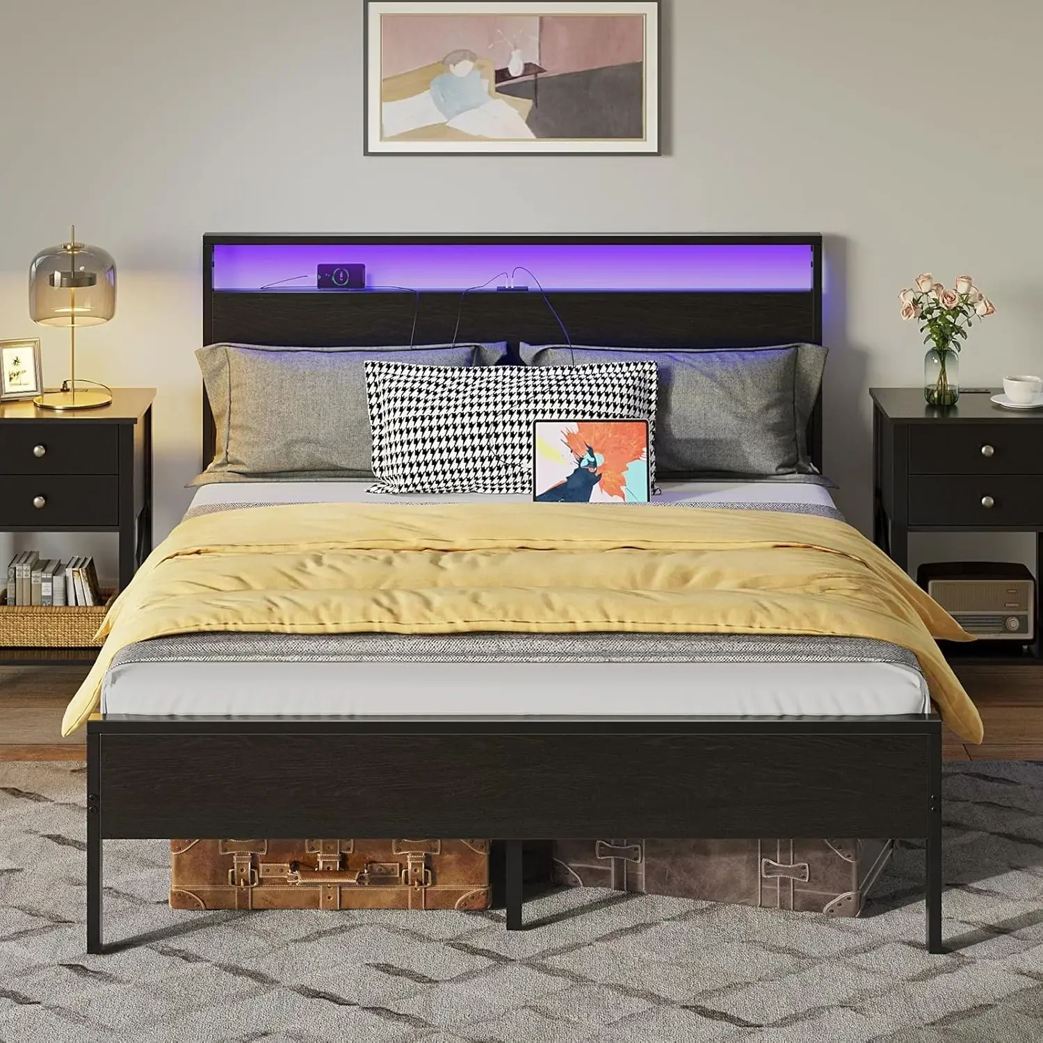 Bed Frame with Charging Station, Full Bed with LED Lights Headboard, Metal Platform, Strong Metal Slats Support, 10.2”