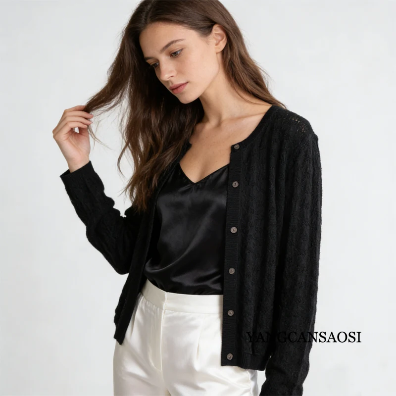 2026 Women's Spring and Autumn New Solid Color 64% Natural Mulberry Silk Round Neck Knitted Cardigan Jacquard Hollow Top
