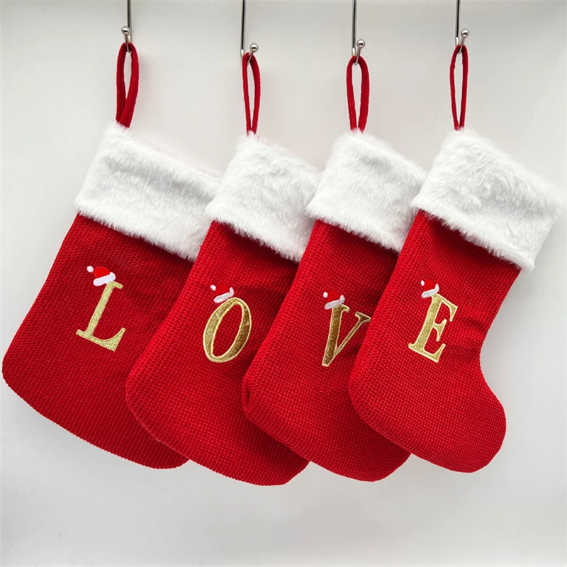 Plush Christmas Alphabet Knitting Socks Christmas Tree Ornaments Christmas Decor For Home Xmas Party Xmas Stocking Gift Bags Red