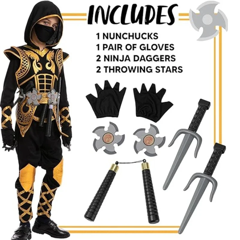 

☎TDA Gold Ninja Costume Boys Halloween Japanese Samurai Cosplay Costumes Ninja Jumpsuit with Ninja Foam Accessories Party Cloth☎