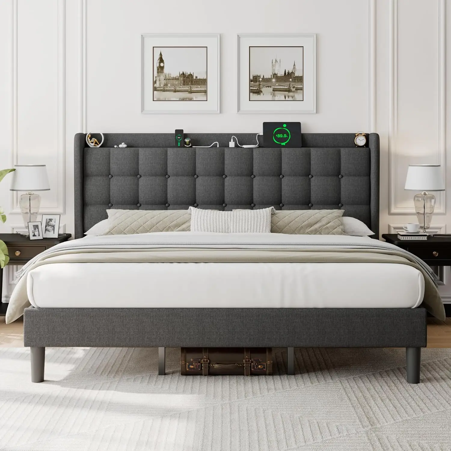 Upholstered Bed Frame, Wingback Platform Bed with Charging & Storage, Button Tufted Headboard, No Box Spring Needed, Dark Gray