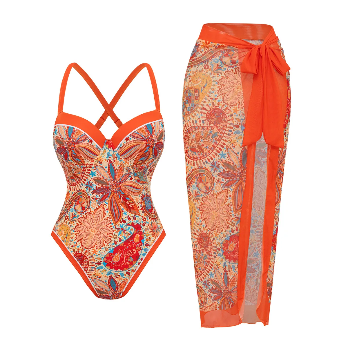 sexy orange floral print swimsuits bodysuits two pieces with long cover skirt bathing suit swimwear biquini tankini trikini