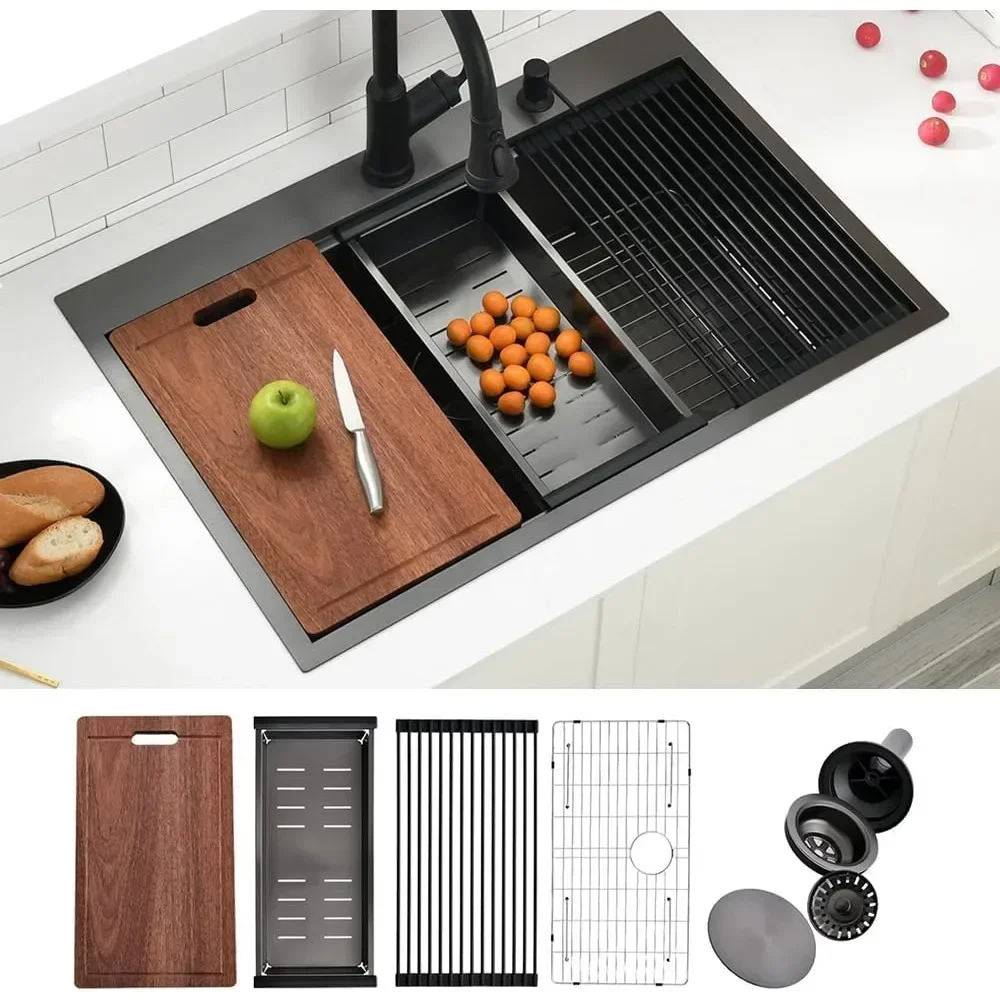 #For 33x22 Inch Kitchen Sink,16Gauge Drop in Stainless Steel Sinks, Tompunt Single Bowl Worksation Black Kitchen Sink&