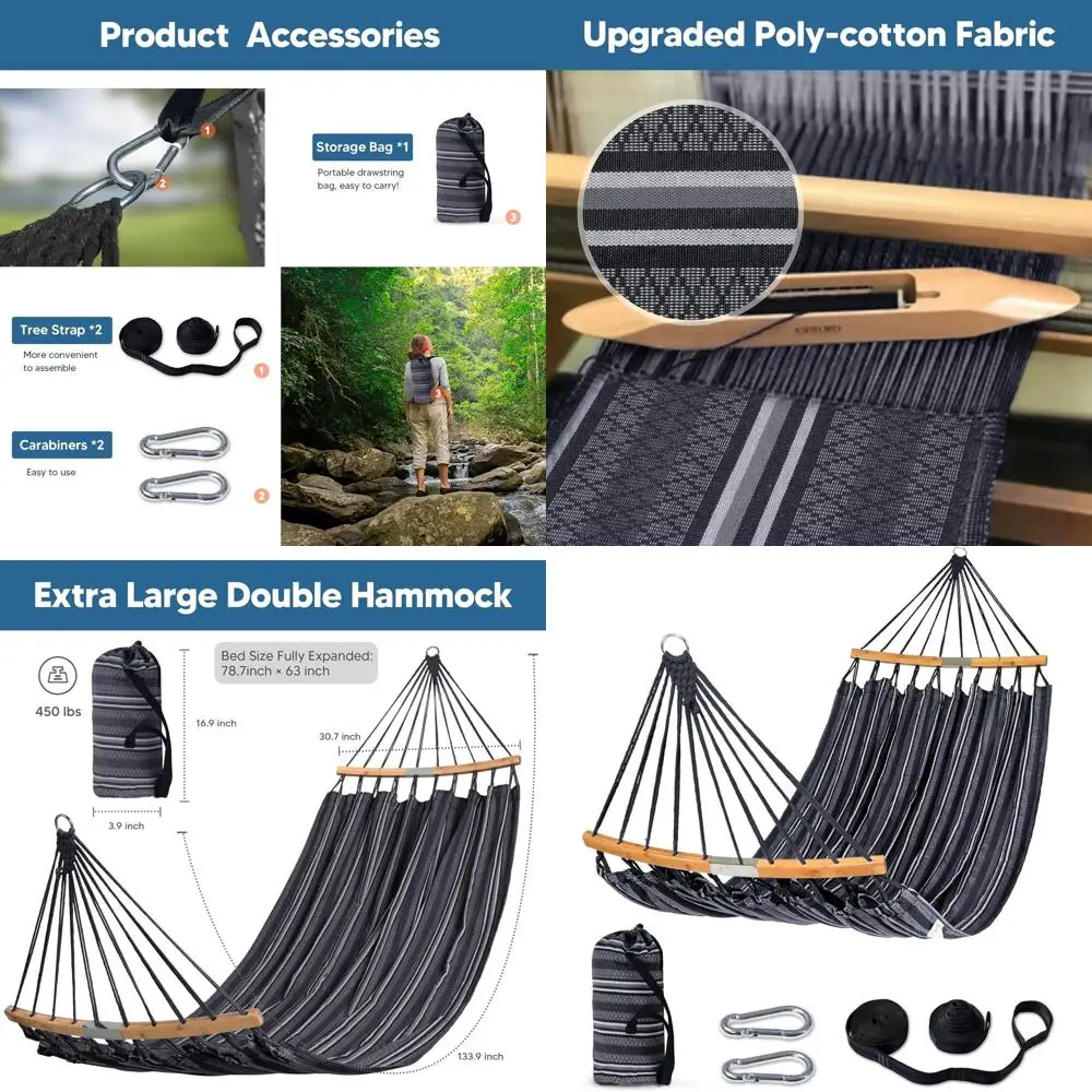 

Портативный двойной гамак для кемпинга с изогнутой планкой, сумкой для переноски и ремнями, до 450 фунтов, темно-серый