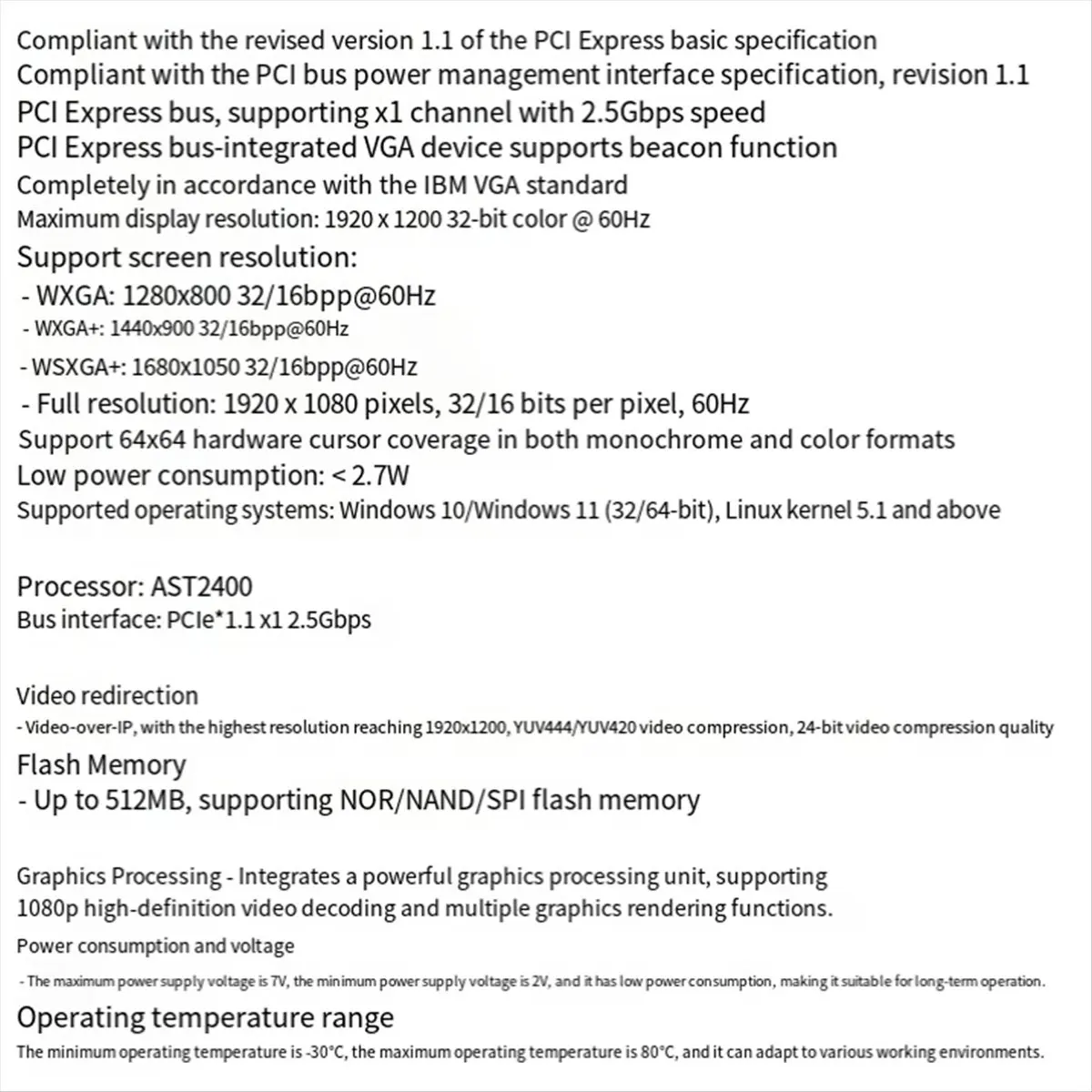 Perfect-ST425 PCIe X1 AST2400 2K VGA Graphics Card 1920 X1200 32bpp@60Hz for Win10/Win 11 32/64 PCIE Expansion Card Adapter