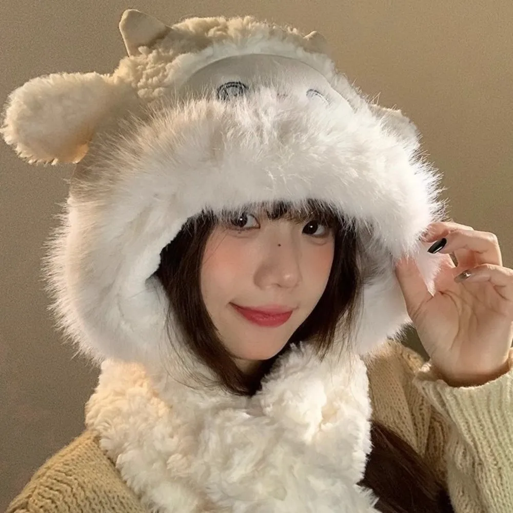 

Fashion Warm Little Sheep Plush Hat Cartoon Thickened Lei Feng Cap Scarf Ears Move Ear Protection Hat Streetwear