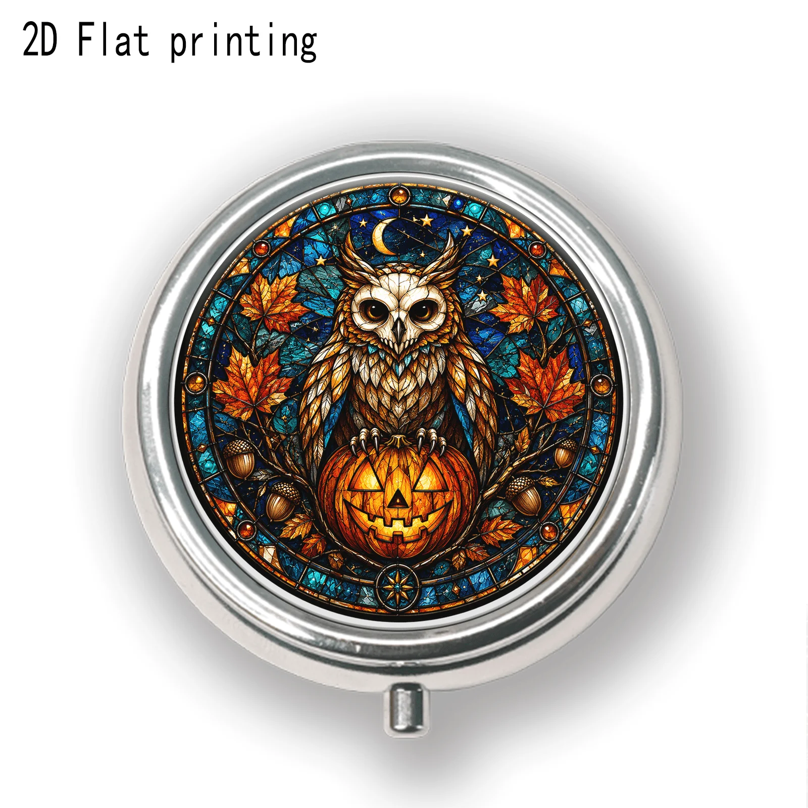 1Pc Round Pill Box with Halloween Owl and Pumpkin Window Art, Halloween Retro Window Style Flat Printing High-Value Small Pill Box with Three Compartments, Portable Dispenser Box, Mini Metal Jewelry Box, Press-Open Jewelry Box, Pill Storage, Moisture-Proof Storage, Suitable for Daily Gifts, Metal Material, Durable Plastic