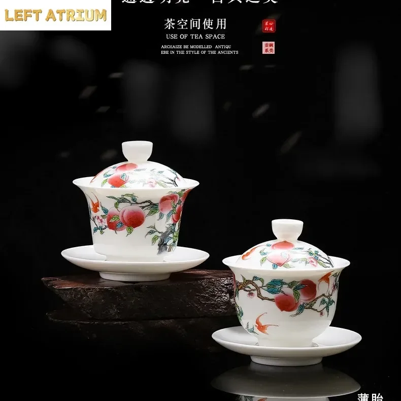 High White Porcelain Suet Jade Nine Peach Three Talent Cover Bowl Ceramic Household Tea Brewer Tank Cup Chinese Kung Fu Tea Cup