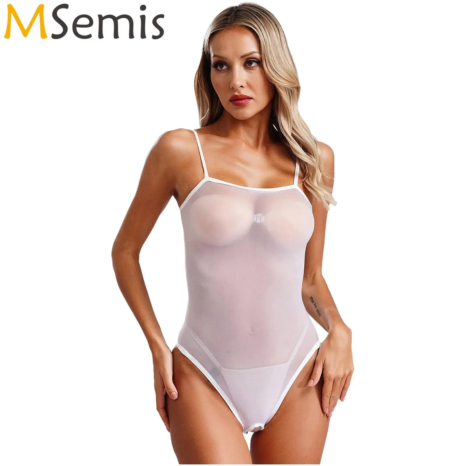 Womens Lingerie One Piece Glossy Seamless Bodysuit Adjustable Straps Open Crotch Stretchy Leotard Tempting Nightwear Clubwear