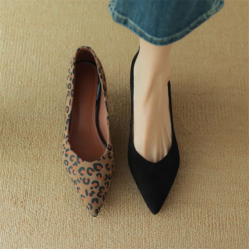 New Spring Sheep Suede Women Shoes Pointed Toe Women Pumps Shallow Loafers Shoes for Women Leopard Print High Heels Ladies Shoes