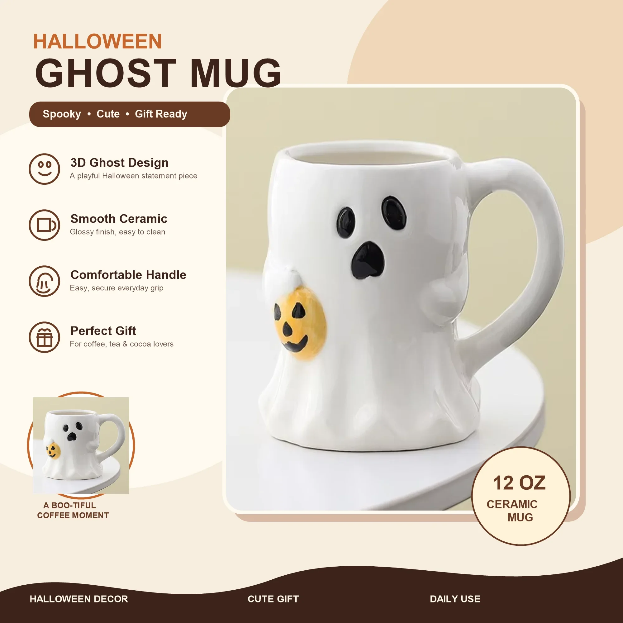 Cute Ghost Pumpkin Mug Halloween Mock Ceramic Cup Personalized Creative Design Coffee Cup Water Cup Gift - view 3