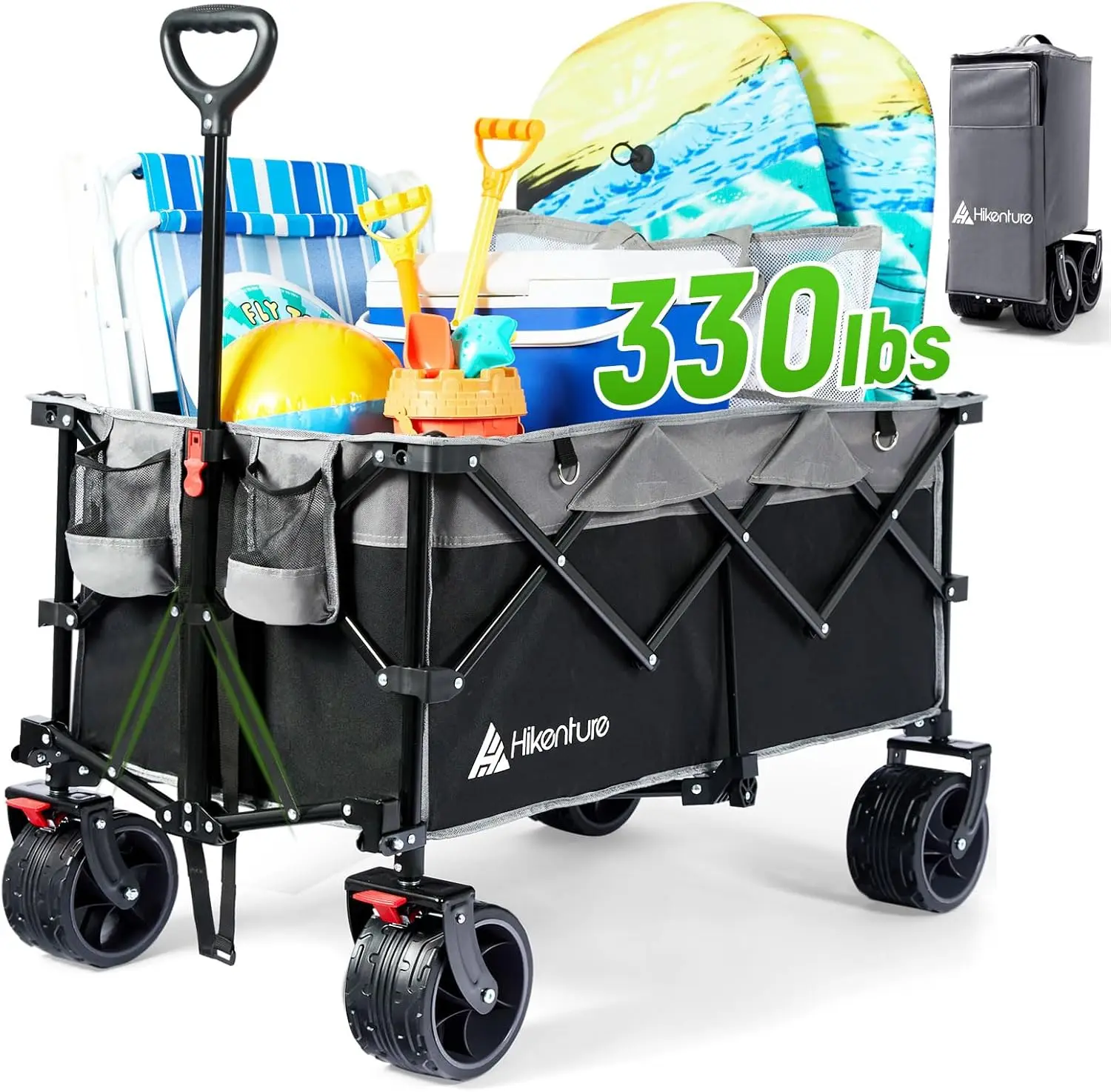 Collapsible Wagon Cart, 330lbs Capacity Beach Wagon with Big Wheels for Sand, Heavy Duty Foldable Wagon with Brakes, P