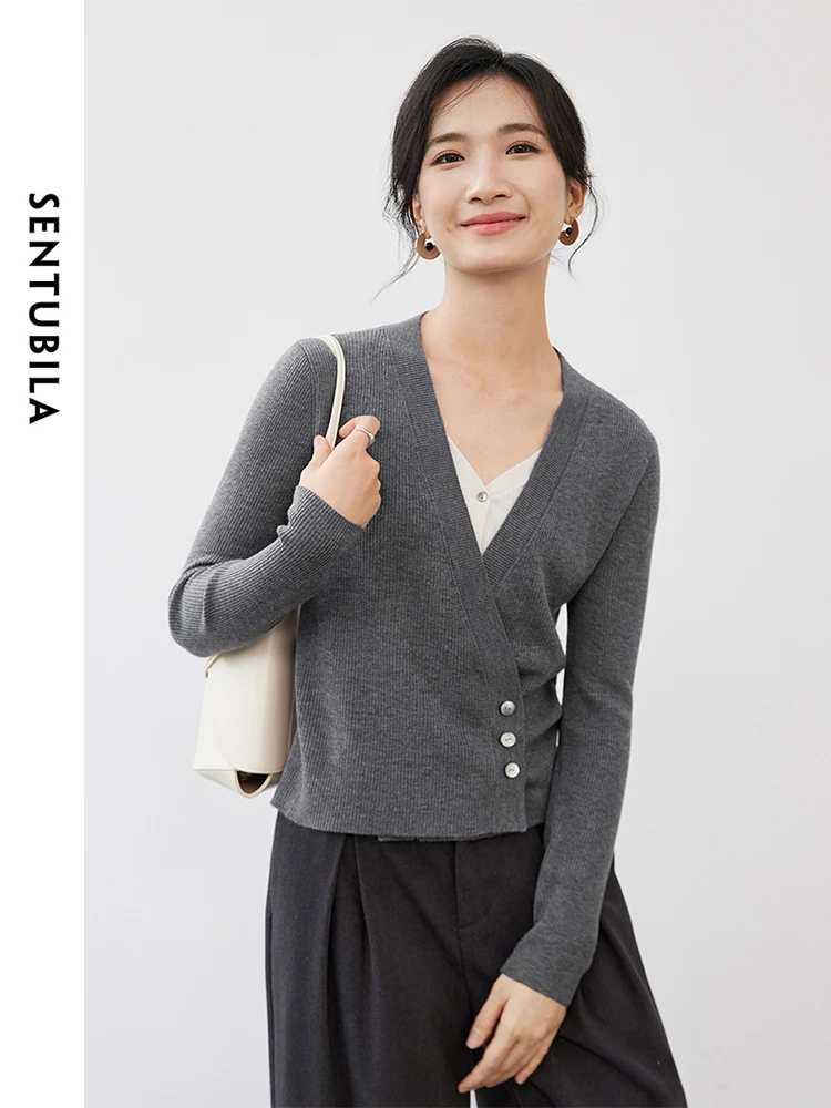 

SENTUBILA Casual Wool Cardigan for Women 2024 Autumn Spliced Slim Fit V Neck 2 in 1 Knitted Tops Simple Women Clothes W43H56236