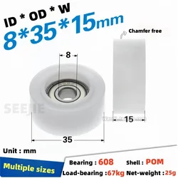 8Pcs 8x35x15mm 608zz inner hole 8mm flat plastic white nylon wear-resistant bearing roller push-pull bearing track wheel