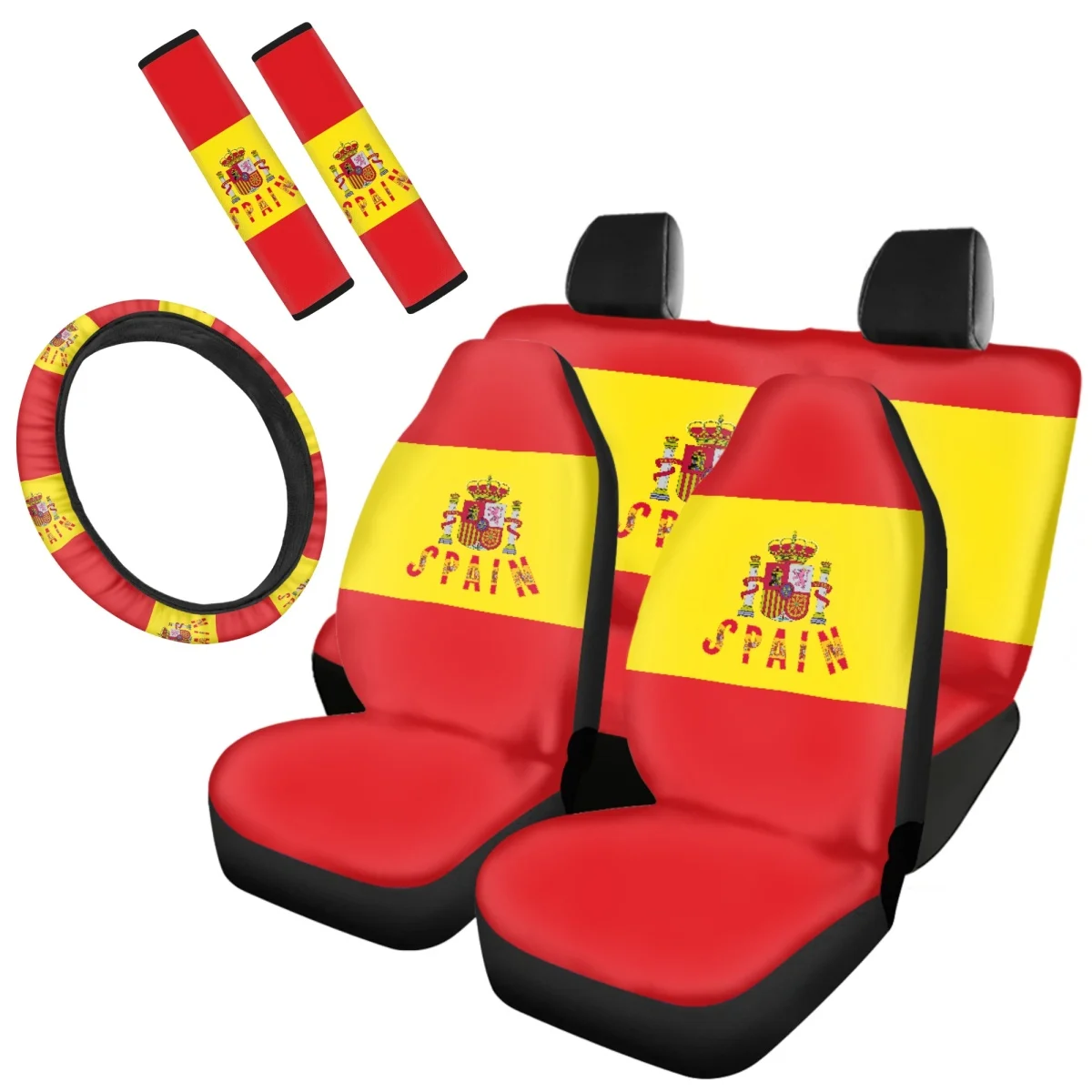 Spanish Flag Print Auto Front Seat Covers Car Steering Wheel Cover Accessories Breathable Seat Belt Covers for Women Men Pride