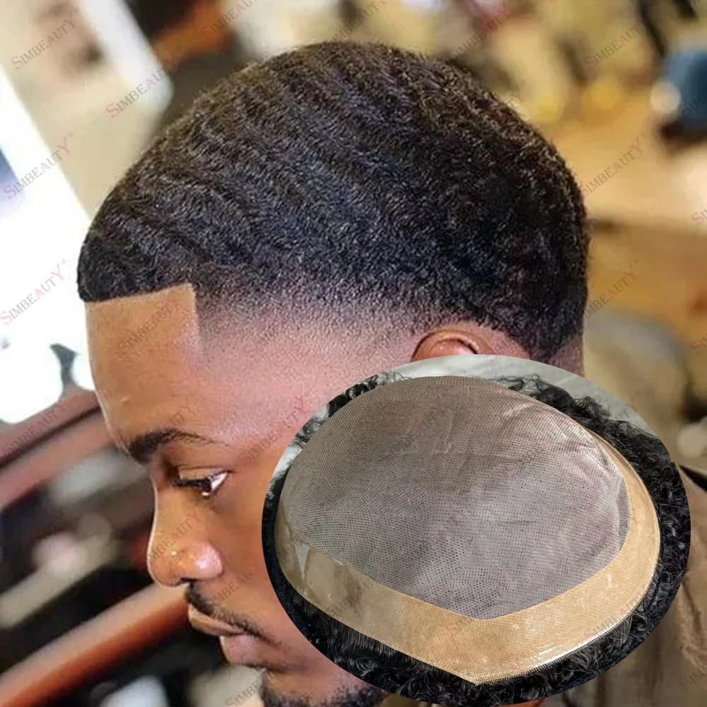 Afro Male 10mm 360 Wave 100% Human Hair Black Men's Hair Replacements Mono Mesh Breathable Prosthesis Capillary 15mm 8mm Curls