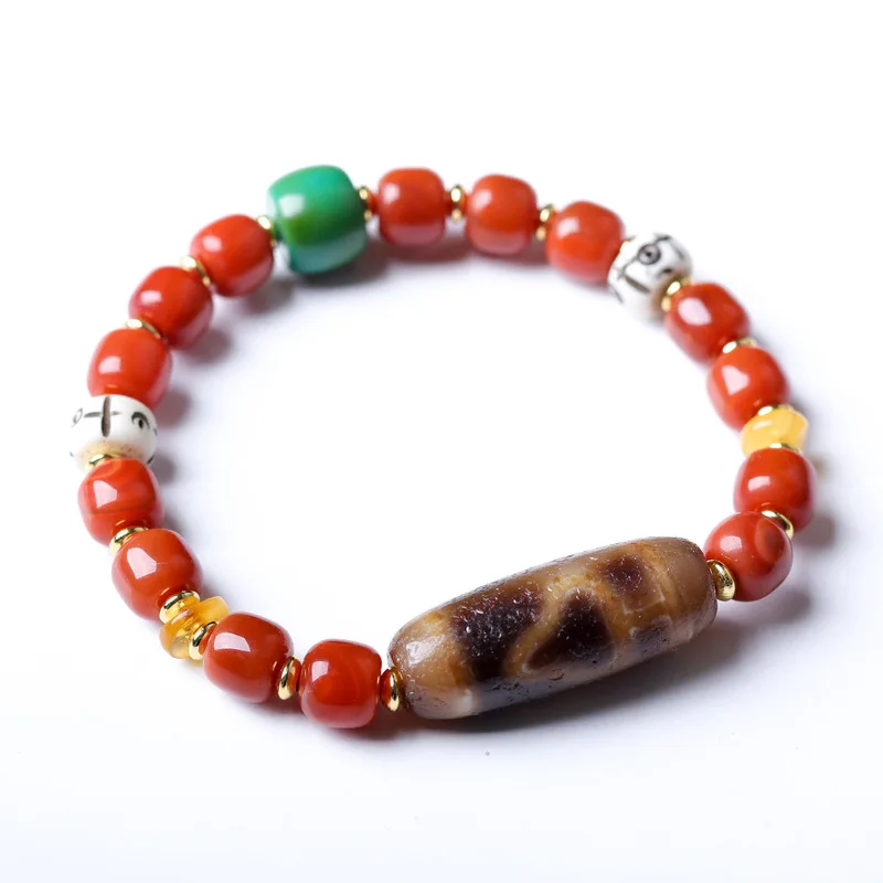 Original design Southern Red Agate barrel , Tibetan-style aged Bodhi Dzi bead cultural bracelet
