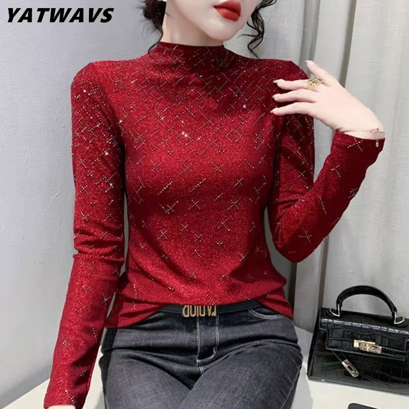 2024 European Clothes Women Tops Elegant Stand Collar Luxury Hot Diamonds T-shirt Femme Long Sleeve Slim Shiny Tees  Blusas