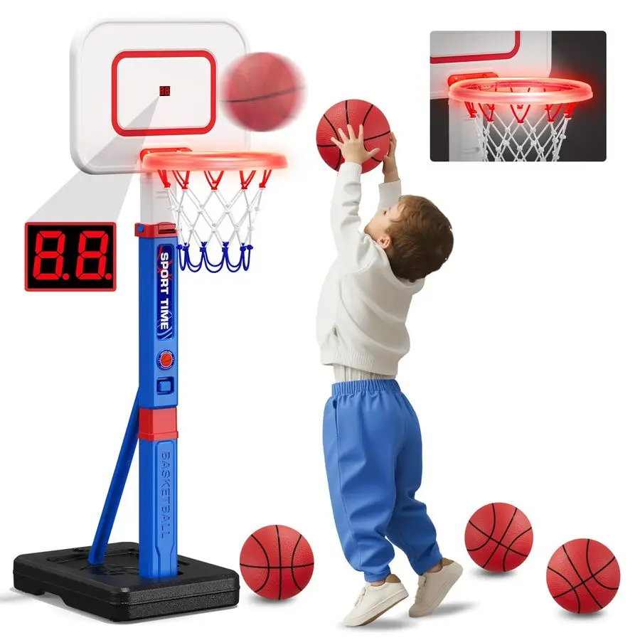 

Toddler Basketball Hoop with Scoreboard LED Basketball Rim 4 Balls, 55 Height Adjustable Basketball Hoop for Kids 35, Indoor Out