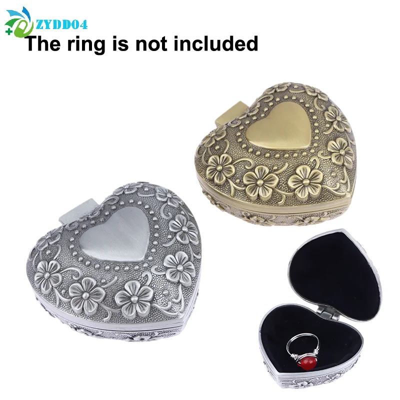 ●1Pcs Vintage Flower Heart Shaped Alloy Jewelry Box Dustproof Ring Organizer Small Trinket Storage Christmas Gift Packaging Box