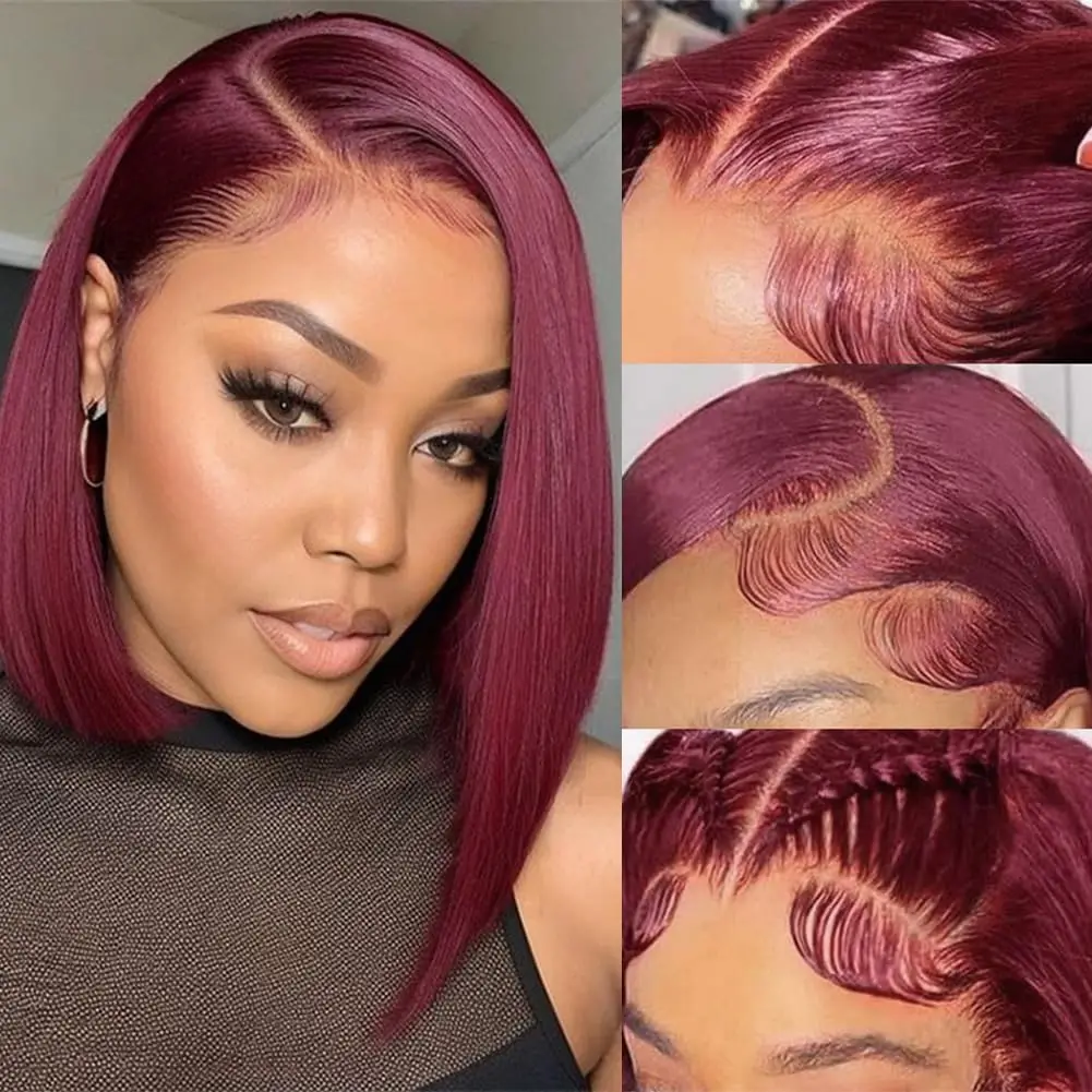 

Bone Straight 99J Burgundy Glueless Wigs Human Hair Ready to Wear Short Bob Red Colored 7x5 Lace Closure Wigs Brazilian On Sale