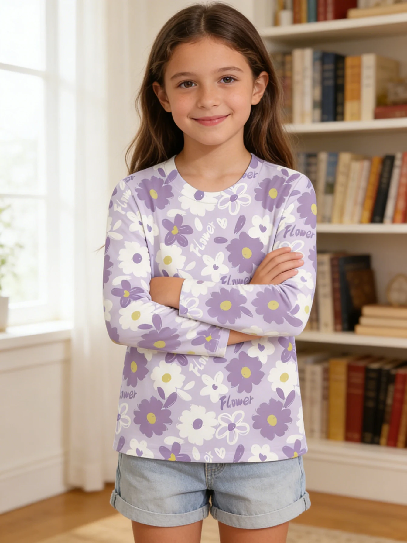 

2026 Girls' Lilac Flower Full Print Long Sleeve T-Shirt Casual Top