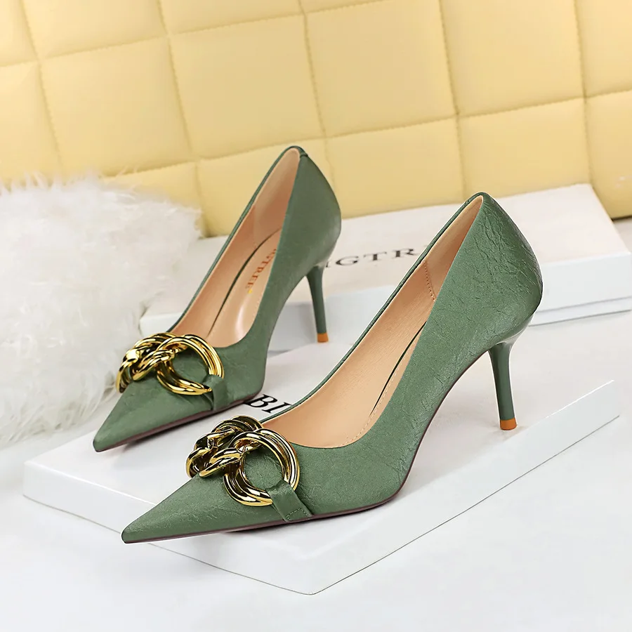 Fashion Banquet Women's Slim Shallow Mouth Sharp Tip Large Metal Buckle Single High Heels Heel Shoes Women Pumps туфли женские