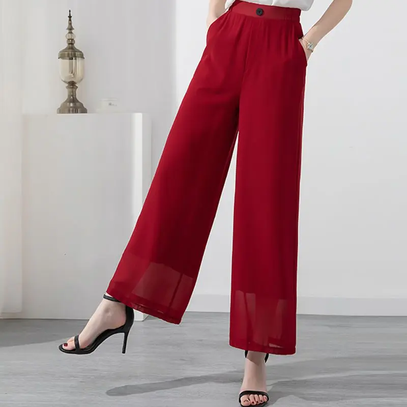 Calça de pernas largas feminina, Simples e elegante, Cintura alta, Costas de botões, Cinto elástico, Monocromático, Versátil, Comutação, Verão, 2023