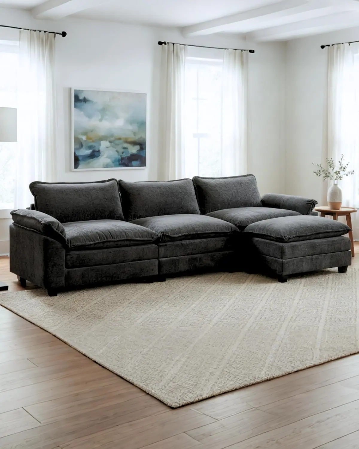 Modular Deep Seat Sectional Sofa With Ottoman, Chenille Sleeper Couch For Living Room & Office, 3-Seat Black, Customized