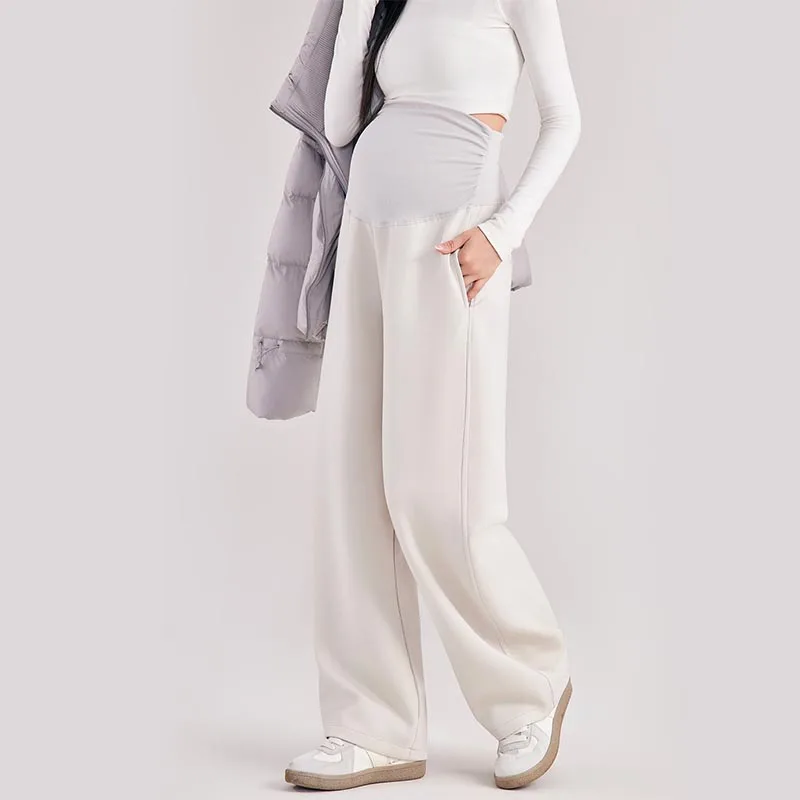 Umstandshosen für Herbst und Winter, hoch geschnitten, mit weitem Bein, gerade geschnitten, dick und warm, für schwangere Frauen, Freizeit-Hosen. – Detail 5