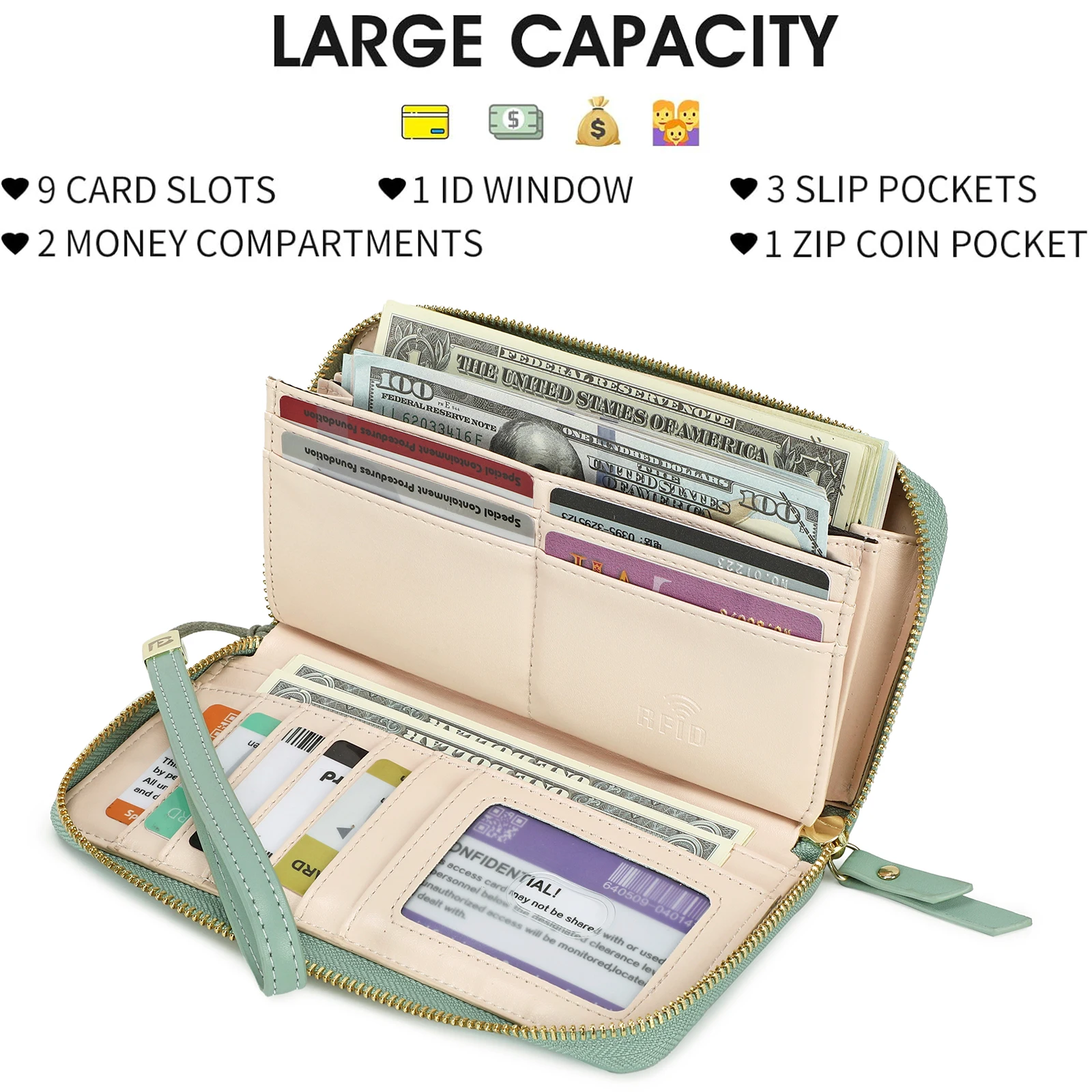 RFID Blocking Leather Multi Credit Card Large Capacity Zip Around Wallets Clutch Wristlet Travel Flower Long Purse for Women