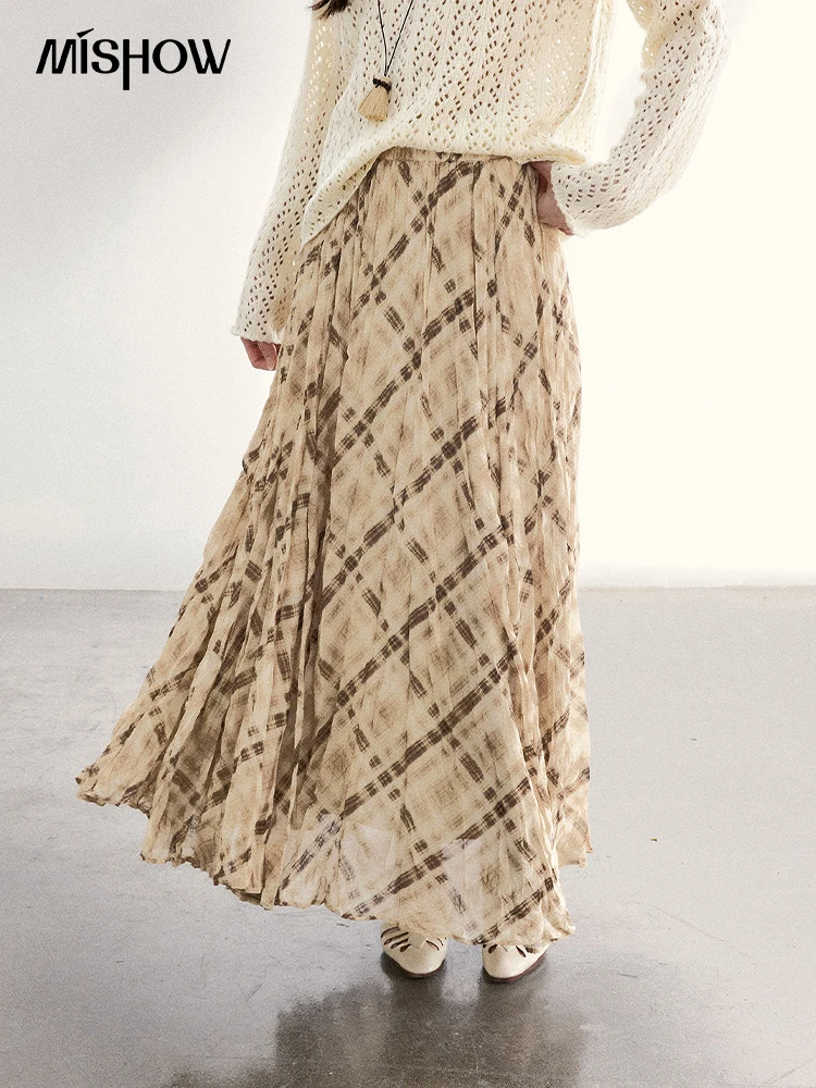MISHOW Women's Beige Plaid Maxi Skirt 2026 Spring High Waist Flowy A-Line Skirts Elastic Waist Casual Chiffon Skirt MXF108B0769